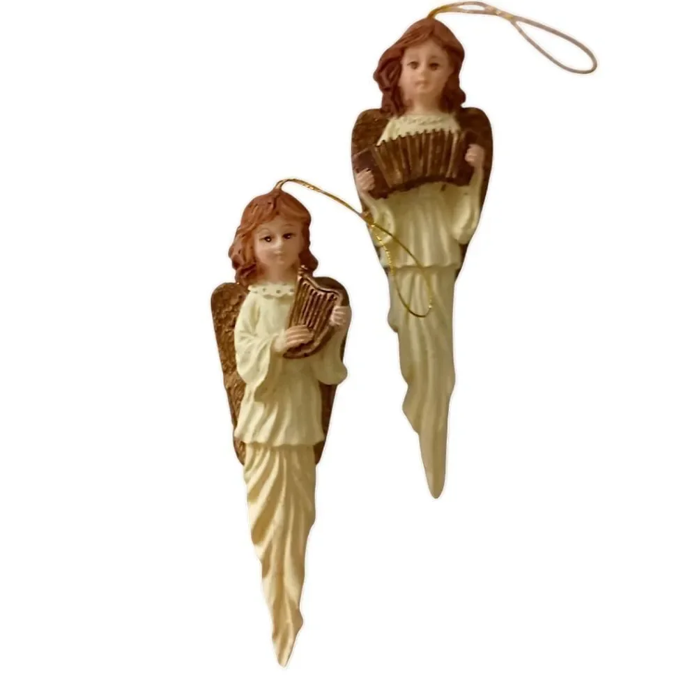 2 Angel Icicle Ornament Christmas Vintage 90s Resin Teardrop Holiday Ivory Gold.